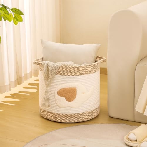 Large Woven Cotton Rope Storage Basket with Elephant Embroidery