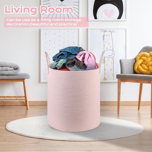HOBASKET Cotton Rope Laundry Basket Hamper Pink 1