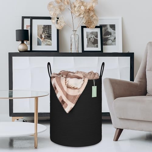 BOSROTY Large Cotton Rope Laundry Hamper 65L Black 1