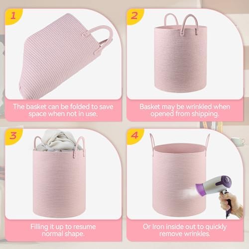 HOBASKET Cotton Rope Laundry Basket Hamper Pink 1