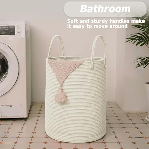 Large Woven Laundry Basket Hamper 60L White Cotton Rope Storage Bin