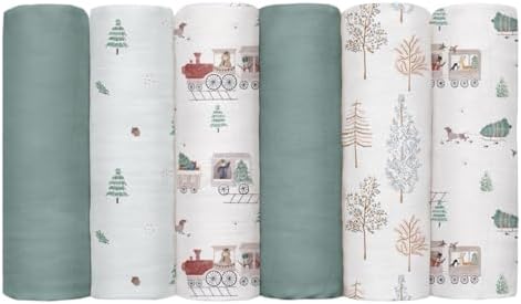 GLLQUEN BABY Swaddle Blanket 6 Pack - Pine Tree Train Design
