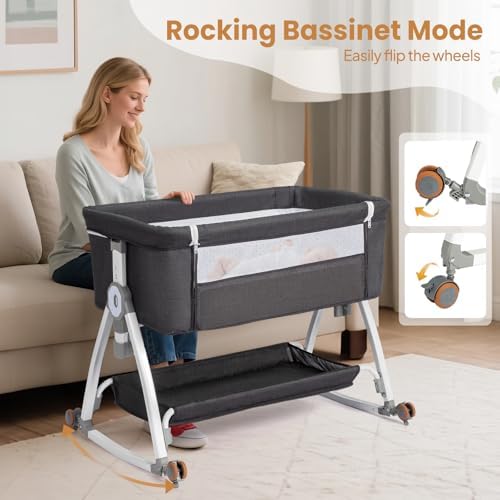 JOYMOR 3 in 1 Portable Bedside Bassinet with Wheels and Adjustable Height