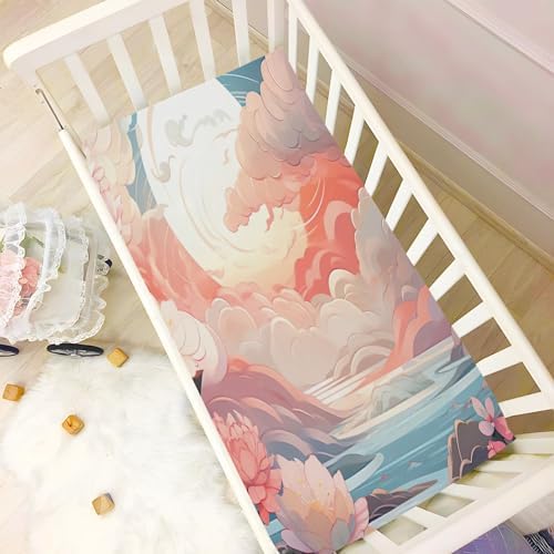 Wassud Pink Sky White Clouds Crib Sheets Pack and Play Fitted