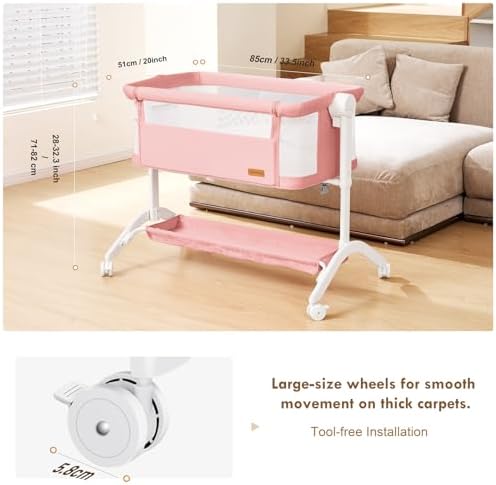 Taylengrow Baby Bassinet Bedside Sleeper - All-Mesh 5 Height Adjustments Pink