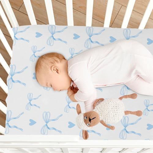 KICPOAY Fitted Crib Sheets Blue Bow Heart Pattern
