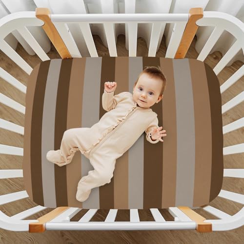 KICPOAY Fitted Crib Sheets with Stretchy Dark Light Brown Stripes