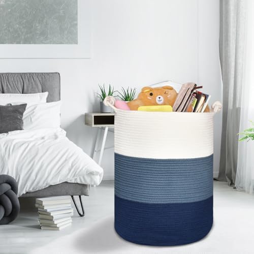 COMSE Extra Large Cotton Rope Storage Basket 157x217 WhiteCadet BlueNavy Blue