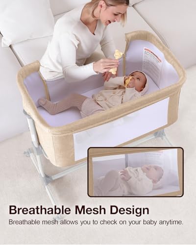Larex Baby Bassinet 3 in 1 Bedside Sleeper with Mattress and Wheels Khaki