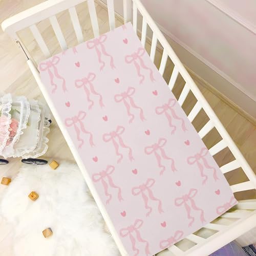 KICPOAY Fitted Crib Sheets with Coquette Ribbon Bow Hearts Pattern