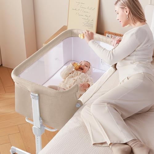 Larex Baby Bassinet 3 in 1 Bedside Sleeper with Mattress and Wheels Khaki