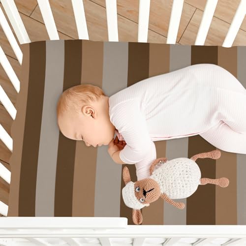 KICPOAY Fitted Crib Sheets with Stretchy Dark Light Brown Stripes