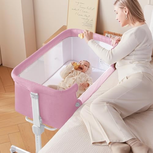 Larex Baby Bassinet 3 in 1 Bedside Sleeper with Mattress and Wheels Pink