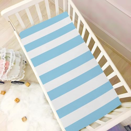 Fitted Crib Sheet Blue White Stripes Stretchy Playard Sheet for Baby
