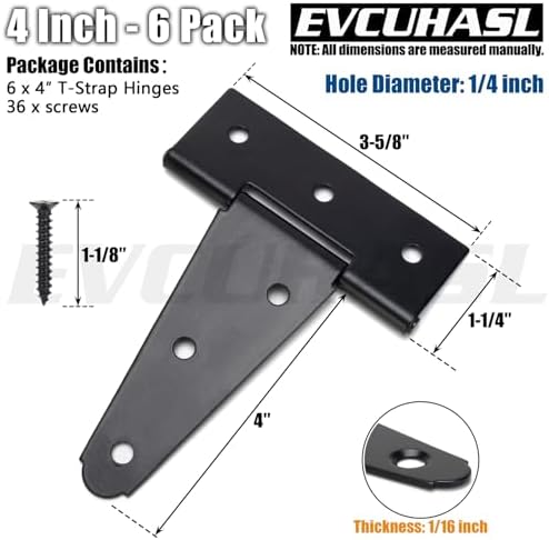 4 Inch T-Strap Gate Hinges 6 Pack Heavy Duty Black Rustproof