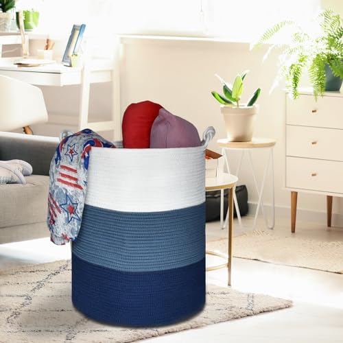 COMSE Extra Large Cotton Rope Storage Basket 157x217 WhiteCadet BlueNavy Blue