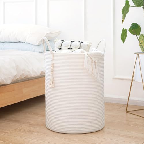 Goodpick White Woven Laundry Basket with Handles 16x20 Inches
