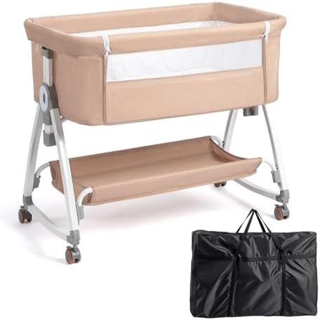 JOYMOR 3 in 1 Portable Bedside Bassinet with Wheels and Comfy Mattress