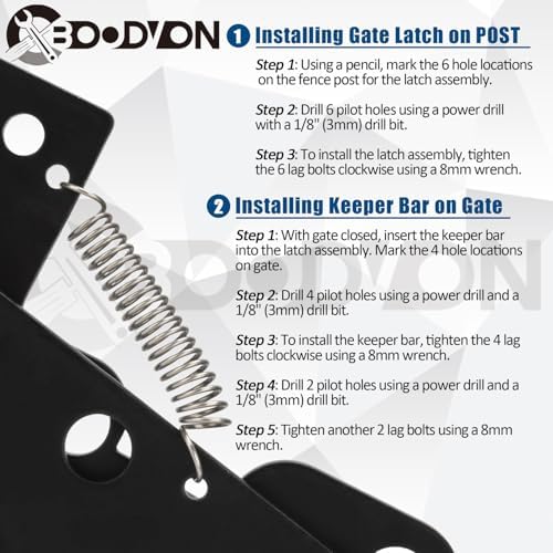 BOODVON Self Locking Gate Latch Heavy Duty Black Steel