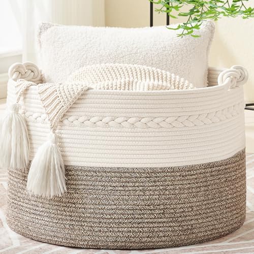 KAKAMAY 100 Cotton Woven Storage Basket 20x13 WhiteBeige