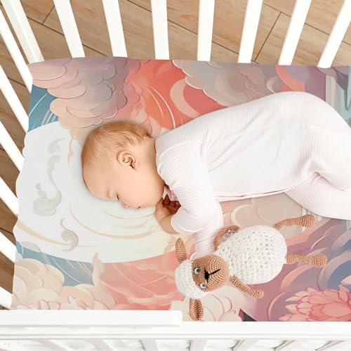 Wassud Pink Sky White Clouds Crib Sheets Pack and Play Fitted