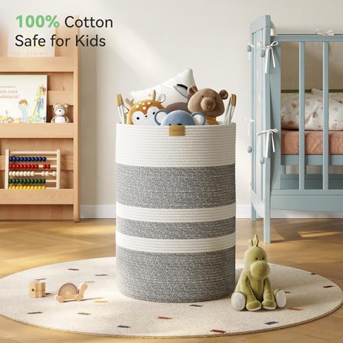 Nunsino 95L Gray Striped Laundry Hamper with Leather Handles