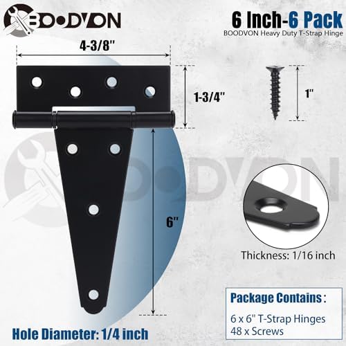 BOODVON 6 Inch T-Strap Gate Hinges 6PackSet
