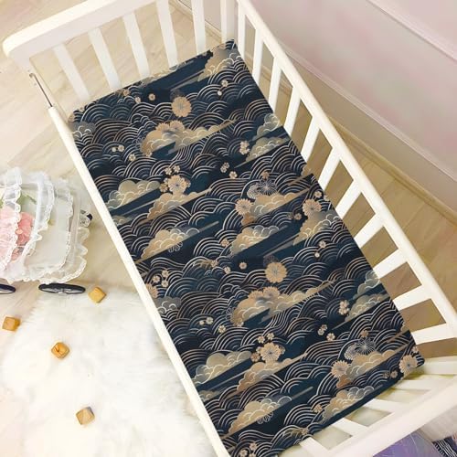 Wassud Dark Blue Waves Crib Sheets for Boys and Girls