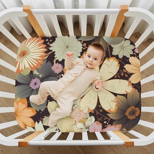 Wassud Light Brown Flower Crib Sheets Pack and Play Fitted 28x52 Inch Neutral