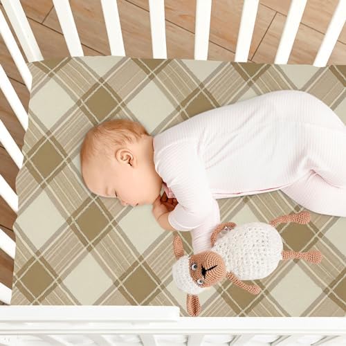 Wassud Light Brown Plaid Crib Sheets for Boys Girls