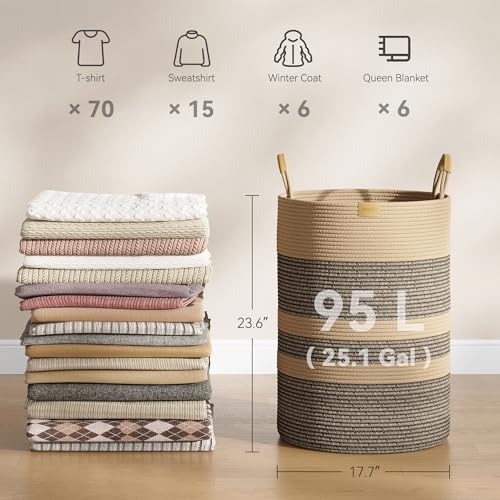 Nunsino 95L Striped Laundry Hamper with Leather Handles