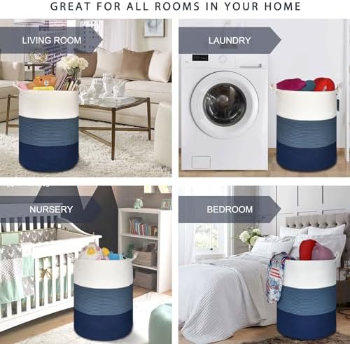 COMSE Extra Large Cotton Rope Storage Basket 157x217 WhiteCadet BlueNavy Blue