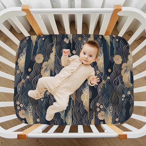 Wassud Dark Blue Waves Crib Sheets for Boys and Girls