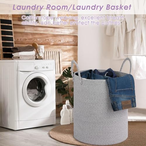Large Cotton Rope Laundry Basket with Handles - Light Gray