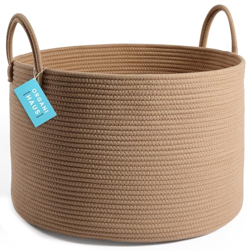 OrganiHaus Woven Cotton Basket for Blankets and Toys - Honey