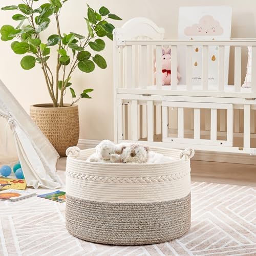 KAKAMAY 100 Cotton Woven Storage Basket 20x13 WhiteBeige
