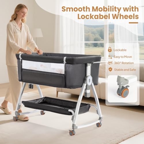 JOYMOR 3 in 1 Portable Bedside Bassinet with Wheels and Adjustable Height