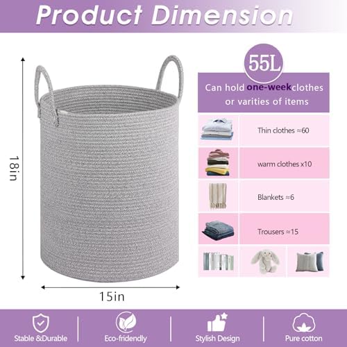 Large Cotton Rope Laundry Basket with Handles - Light Gray