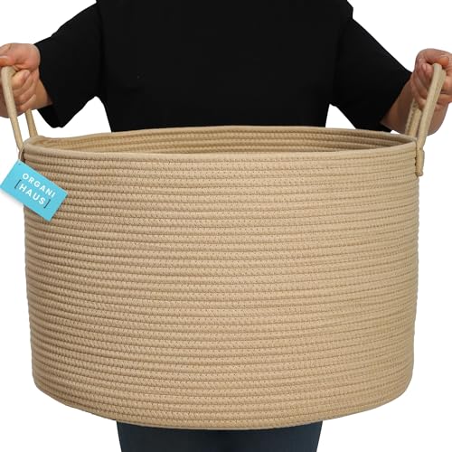 OrganiHaus Woven Cotton Basket for Blankets and Toys - Honey