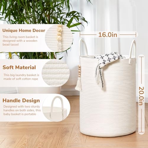 Goodpick White Woven Laundry Basket with Handles 16x20 Inches