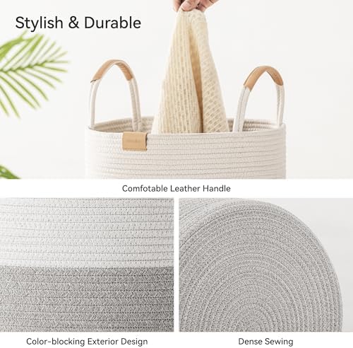 Nunsino 95L Gray Striped Laundry Hamper with Leather Handles