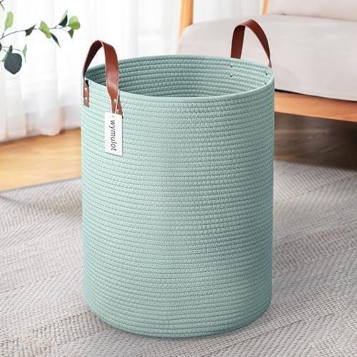 80L Woven Rope Storage Basket with Leather Handles Green