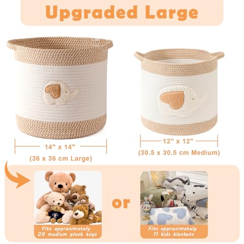 Large Woven Cotton Rope Storage Basket with Elephant Embroidery
