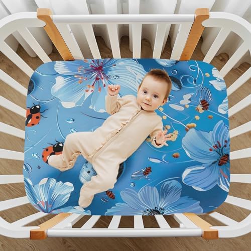 Wassud Sky-Blue Flower Crib Sheets Set