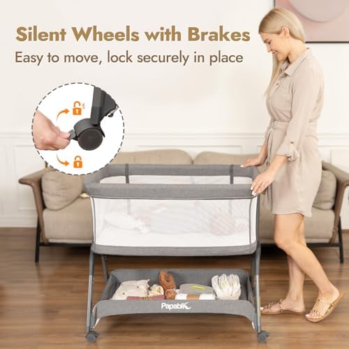 Papablic Baby Bassinet with Mesh and Storage Grey