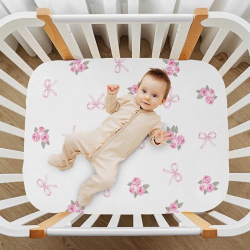 KICPOAY Fitted Crib Sheets with Pink Rose Ribbons and Leaves