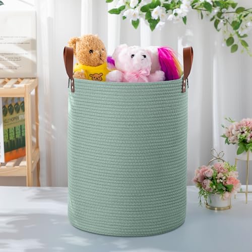 80L Woven Rope Storage Basket with Leather Handles Green