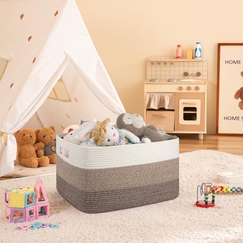 OIAHOMY Woven Cotton Blanket Basket - Gradient Dark Brown 22x17x12