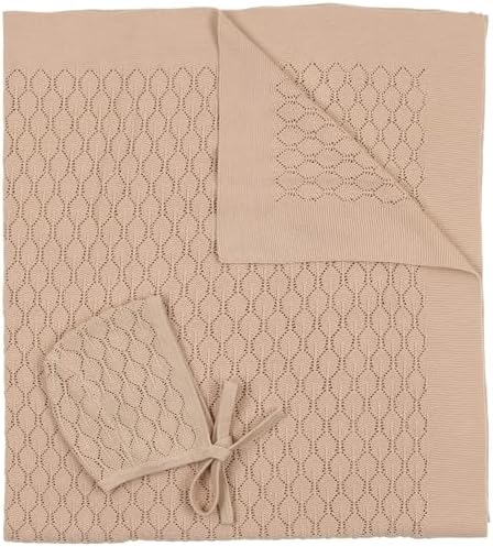 Peluche Pointelle Knit Swaddling Blanket with Bonnet - Tan