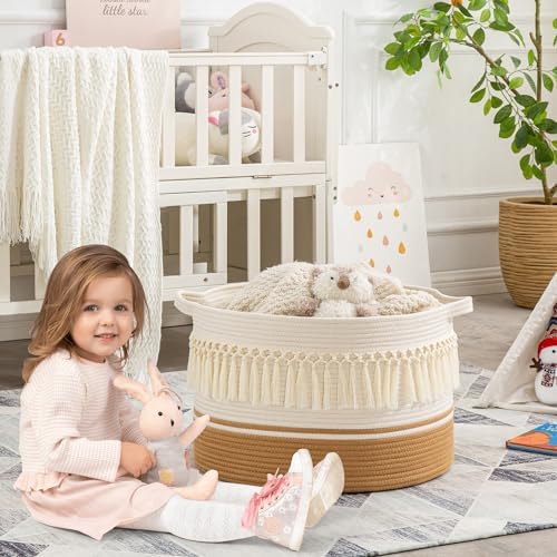 KAKAMAY Cotton Rope Blanket Basket 20x13 with White Fringe